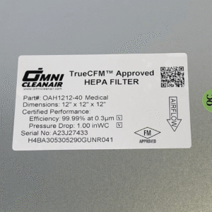 Omni CleanAir OAH1212-40 HEPA Filter certification label showing 99.99% efficiency rating