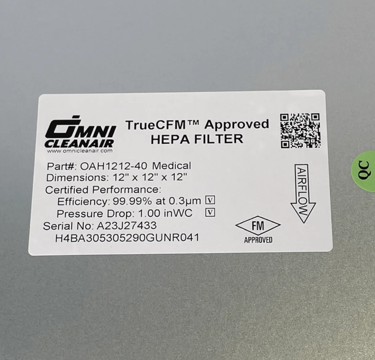 Omni CleanAir OAH1212-40 HEPA Filter certification label showing 99.99% efficiency rating