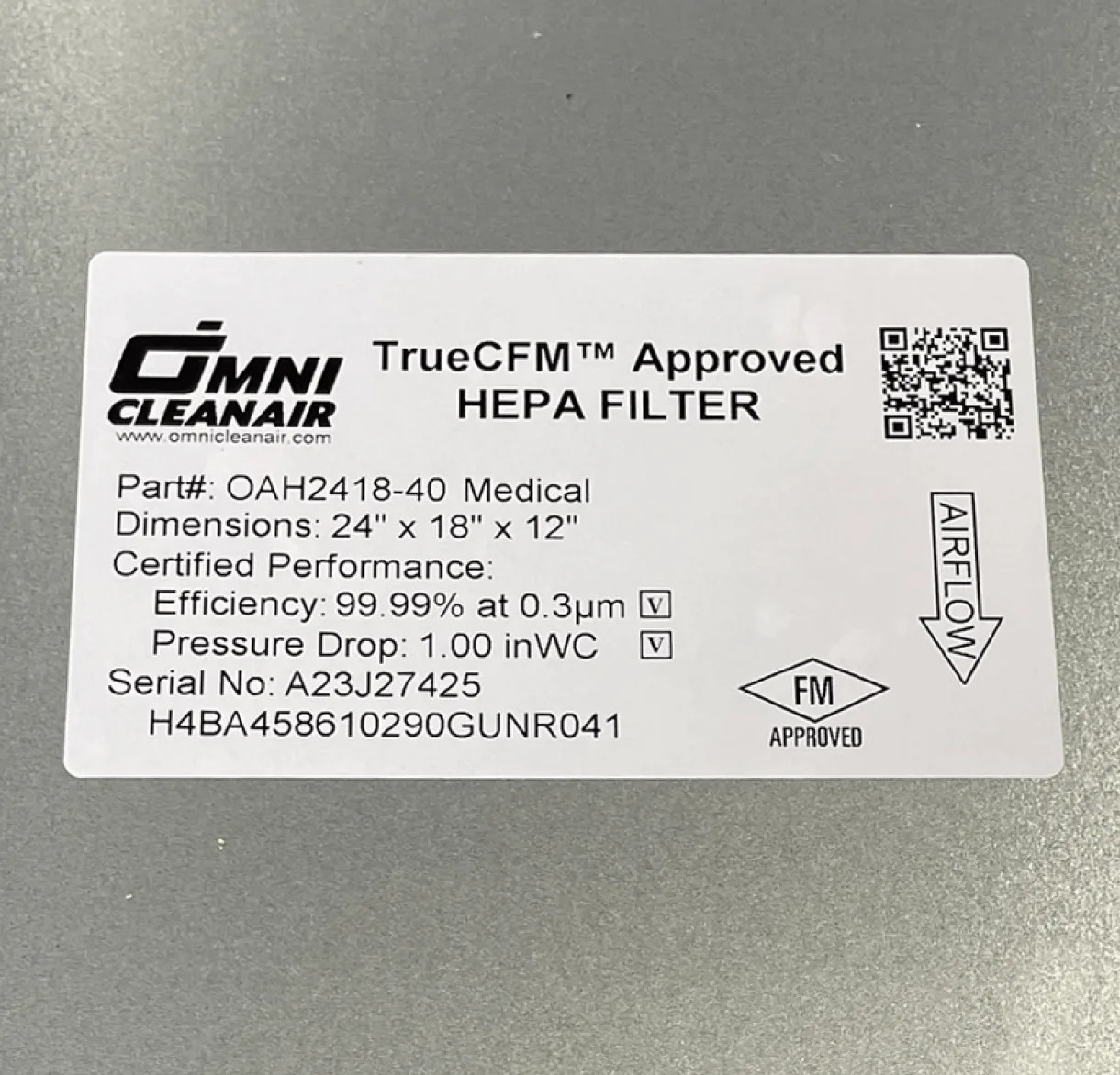 Omni CleanAir OAH2418-40 HEPA Filter with TrueCFM Certification Label