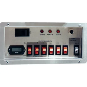 Omni CleanAir Vulcan OVH230RT control panel with individual switches for 6 heating elements and digital hour meter