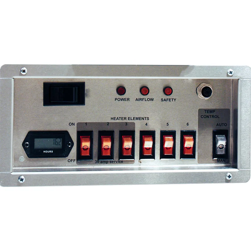 Omni CleanAir Vulcan OVH230RT Control Panel Omni CleanAir Vulcan OVH230RT control panel with individual switches for 6 heating elements and digital hour meter