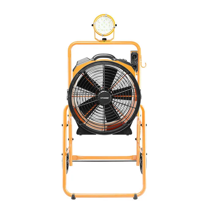 XPOWER FA-420K6 warehouse fan front view showing mobile trolley with wheels and LED spotlight attachment