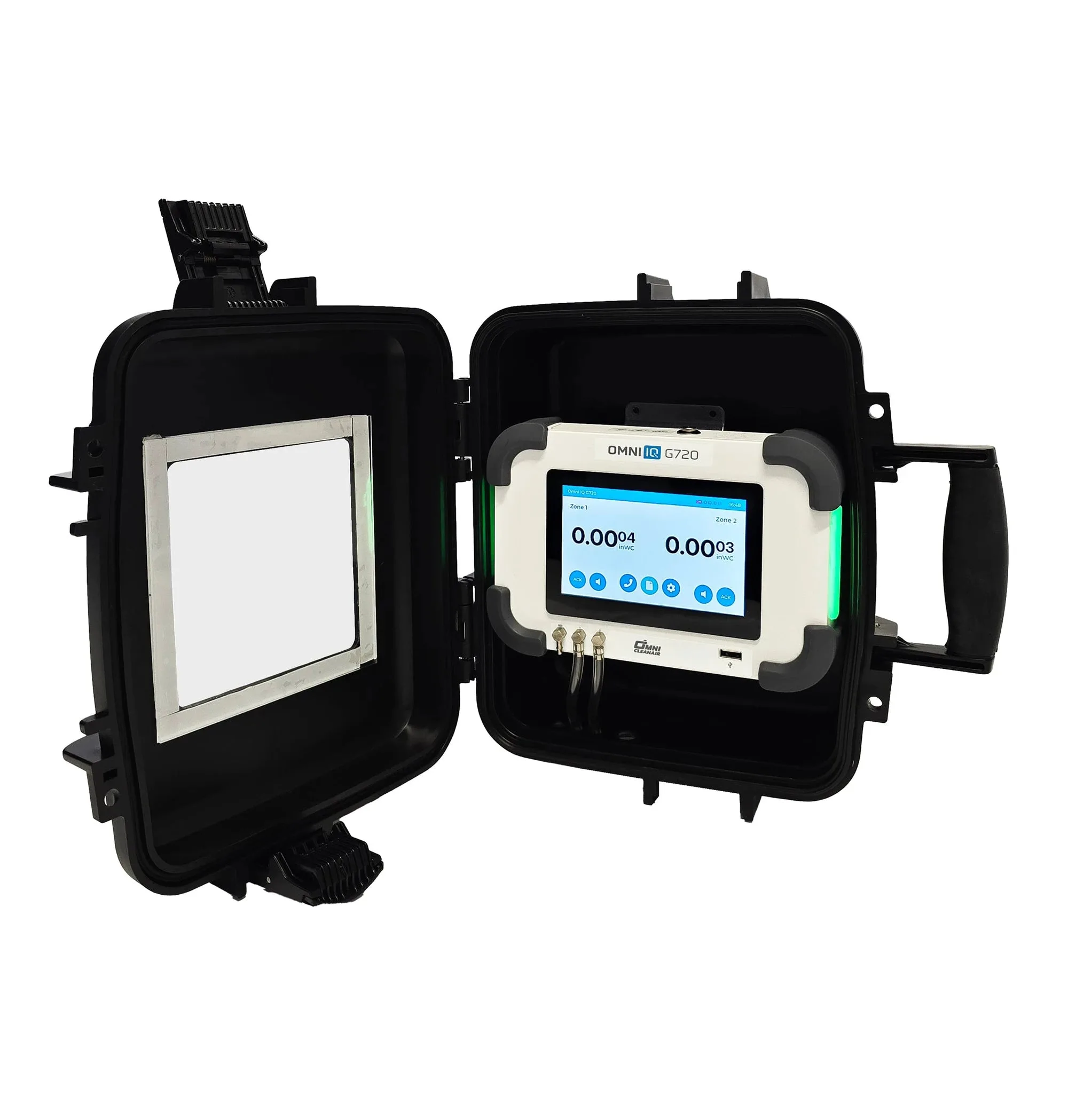 Omni IQ G720 TriZone differential pressure monitor in protective carrying case