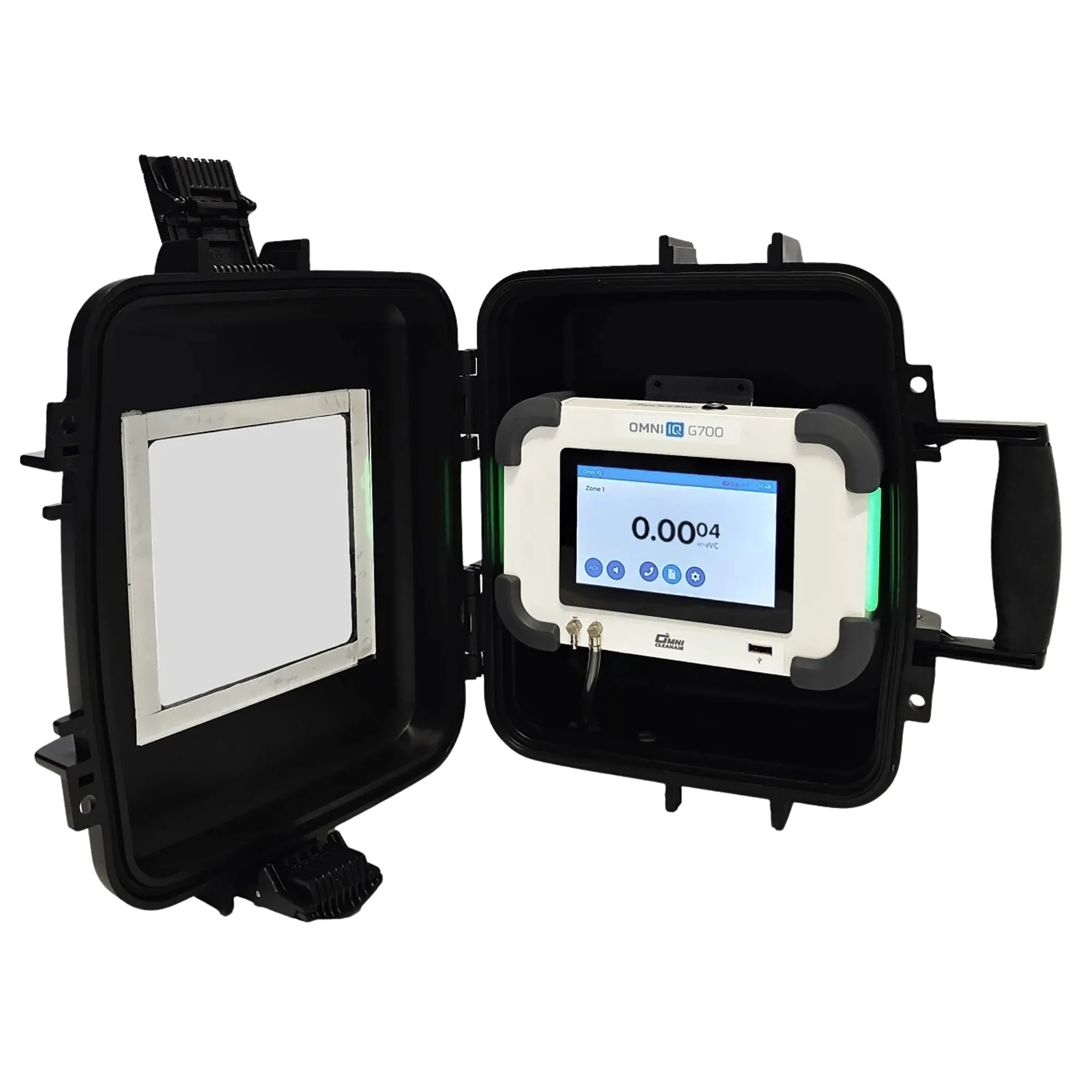 Omni IQ G700 DuoZone differential pressure monitor in carrying case