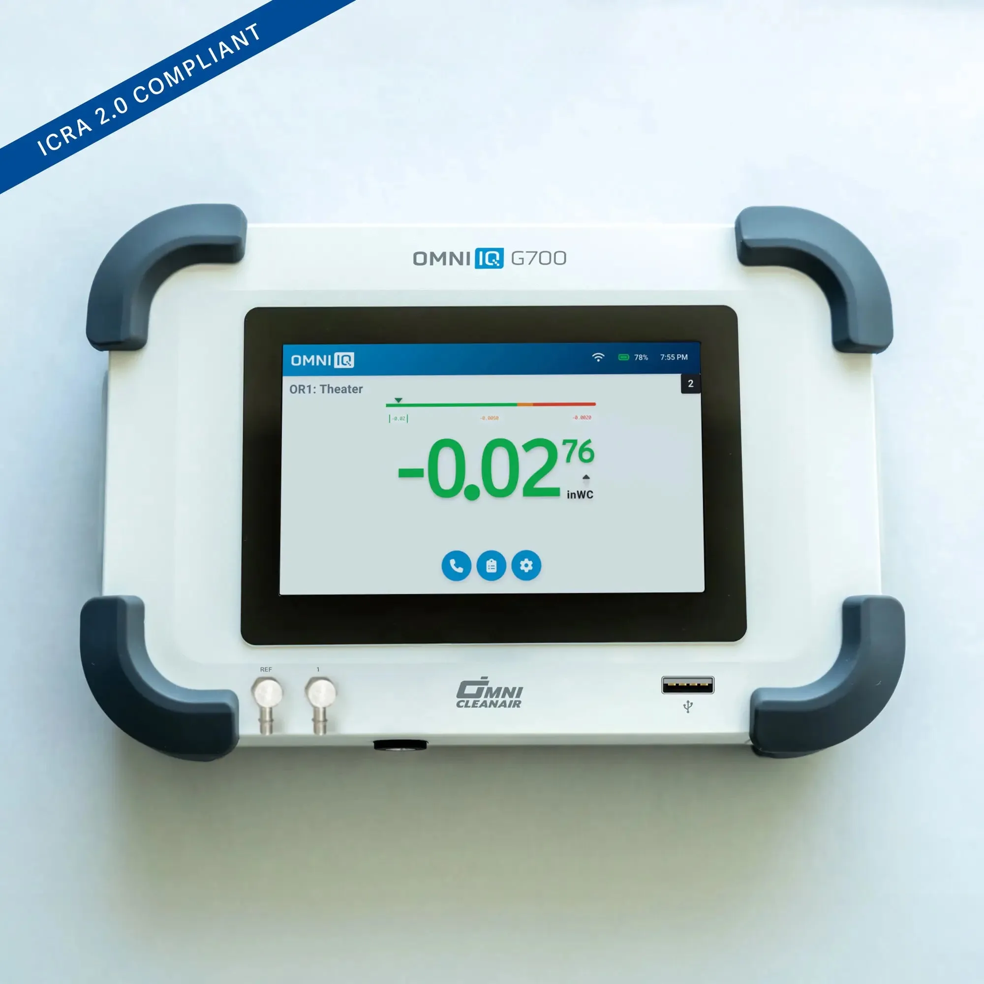 Omni IQ G700 ICRA 2.0 compliant differential pressure monitor front view